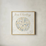 Seaside Blossoms IV Blue Greetings by Jess Aiken. Shown in a natural wood glass frame for a timeless modern aesthetic. Available as an archival giclee rolled canvas, fine art paper, or poster print. SKU 44930a.