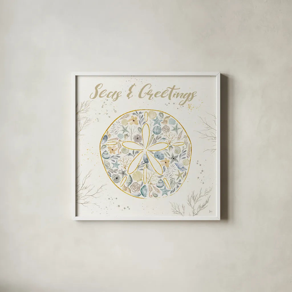 Seaside Blossoms IV Blue Greetings by Jess Aiken. Shown in a crisp white glass frame for a clean and minimalist style. Available as an archival giclee rolled canvas, fine art paper, or poster print. SKU 44930a.