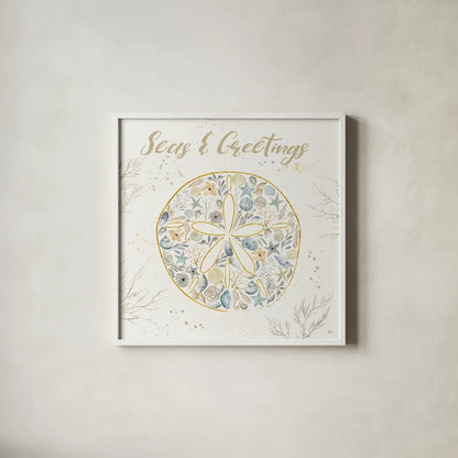 Seaside Blossoms IV Blue Greetings by Jess Aiken. Shown in a crisp white glass frame for a clean and minimalist style. Available as an archival giclee rolled canvas, fine art paper, or poster print. SKU 44930a.