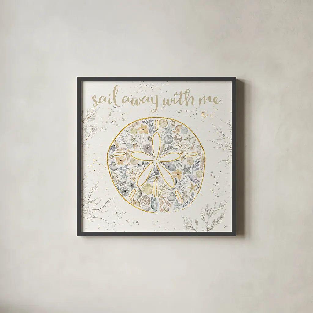 Seaside Blossoms IV Neutral by Jess Aiken. Shown in a sleek black glass frame for a contemporary gallery look. Available as an archival giclee rolled canvas, fine art paper, or poster print. SKU 34920a.