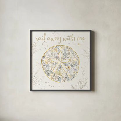 Seaside Blossoms IV Neutral by Jess Aiken. Shown in a sleek black glass frame for a contemporary gallery look. Available as an archival giclee rolled canvas, fine art paper, or poster print. SKU 34920a.