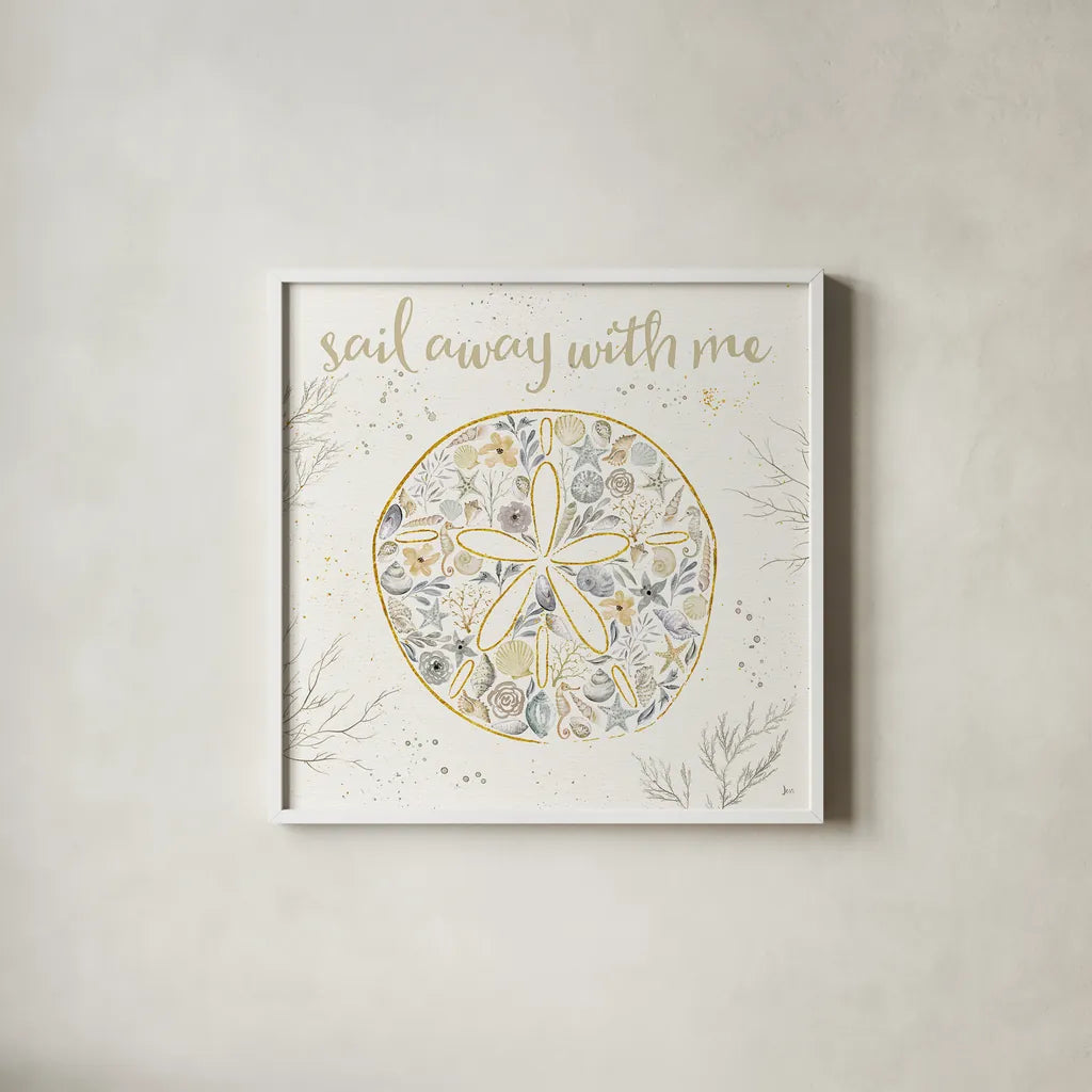 Seaside Blossoms IV Neutral by Jess Aiken. Shown in a crisp white glass frame for a clean and minimalist style. Available as an archival giclee rolled canvas, fine art paper, or poster print. SKU 34920a.