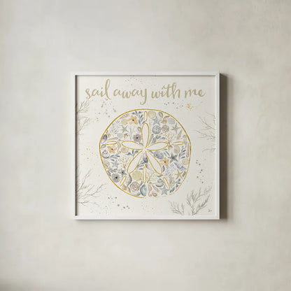 Seaside Blossoms IV Neutral by Jess Aiken. Shown in a crisp white glass frame for a clean and minimalist style. Available as an archival giclee rolled canvas, fine art paper, or poster print. SKU 34920a.