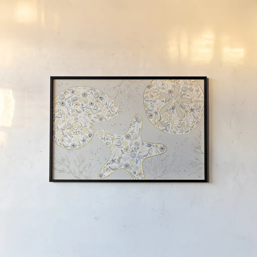 Seaside Blossoms V Neutral by Jess Aiken. shown as a paper print in a black flame. Available as a archival giclee rolled canvas, fine art paper, or poster print. SKU 34921i.