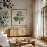 Shamrock Shades I by Jess Aiken. Shown in a natural wood frame in a cozy modern living room. Available as an archival giclee rolled canvas, fine art paper, or poster print. SKU 38554a.
