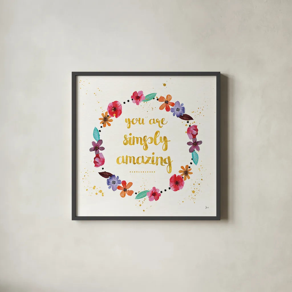 Simply Amazing I by Jess Aiken. Shown in a sleek black glass frame for a contemporary gallery look. Available as an archival giclee rolled canvas, fine art paper, or poster print. SKU 33446a.