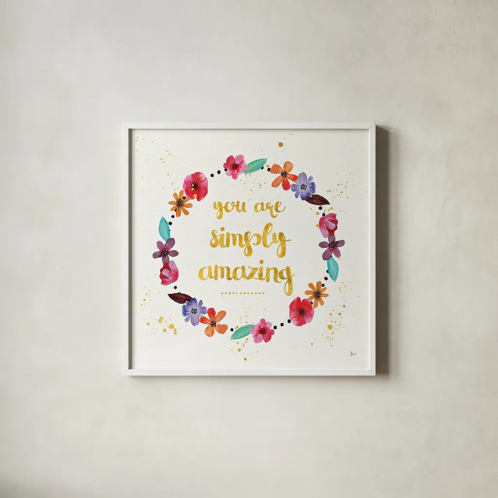 Simply Amazing I by Jess Aiken. Shown in a crisp white glass frame for a clean and minimalist style. Available as an archival giclee rolled canvas, fine art paper, or poster print. SKU 33446a.