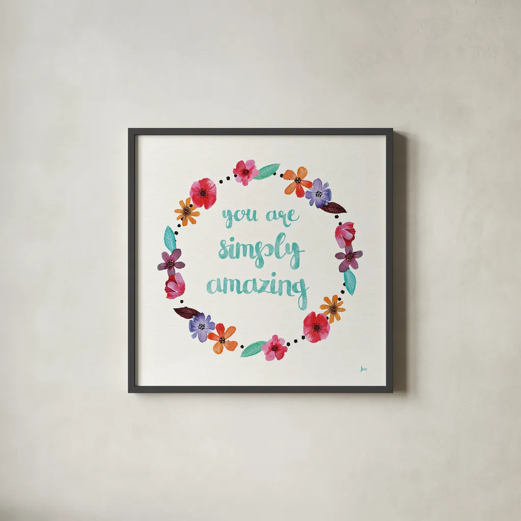 Simply Amazing I Blue by Jess Aiken. Shown in a sleek black glass frame for a contemporary gallery look. Available as an archival giclee rolled canvas, fine art paper, or poster print. SKU 35100a.