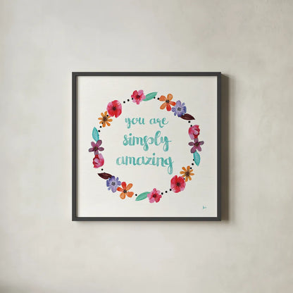 Simply Amazing I Blue by Jess Aiken. Shown in a sleek black glass frame for a contemporary gallery look. Available as an archival giclee rolled canvas, fine art paper, or poster print. SKU 35100a.