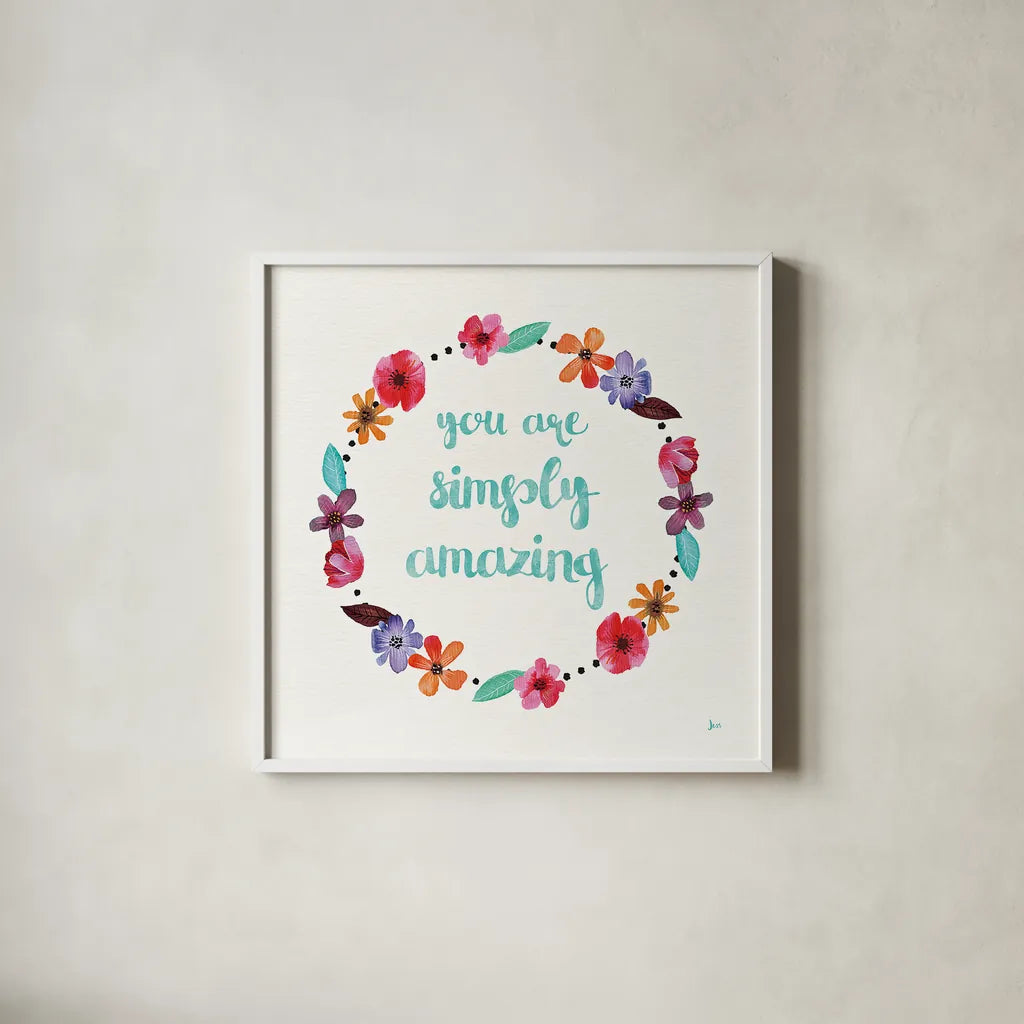 Simply Amazing I Blue by Jess Aiken. Shown in a crisp white glass frame for a clean and minimalist style. Available as an archival giclee rolled canvas, fine art paper, or poster print. SKU 35100a.