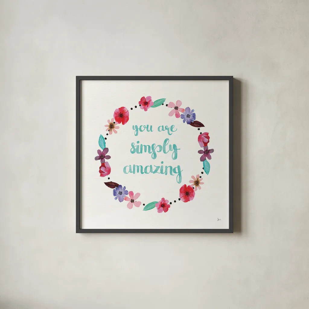 Simply Amazing I Blue and Blush by Jess Aiken. Shown in a sleek black glass frame for a contemporary gallery look. Available as an archival giclee rolled canvas, fine art paper, or poster print. SKU 35630a.