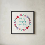 Simply Amazing I Blue and Blush by Jess Aiken. Shown in a sleek black glass frame for a contemporary gallery look. Available as an archival giclee rolled canvas, fine art paper, or poster print. SKU 35630a.