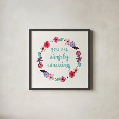 Simply Amazing I Blue and Blush by Jess Aiken. Shown in a sleek black glass frame for a contemporary gallery look. Available as an archival giclee rolled canvas, fine art paper, or poster print. SKU 35630a.