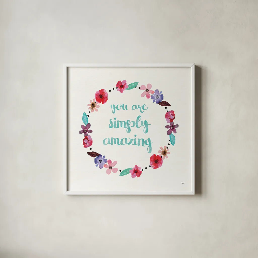 Simply Amazing I Blue and Blush by Jess Aiken. Shown in a crisp white glass frame for a clean and minimalist style. Available as an archival giclee rolled canvas, fine art paper, or poster print. SKU 35630a.
