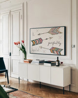 Spectrum I by Jess Aiken. shown as a framed stretched canvas in a living room above a console. Available as a archival giclee rolled canvas, fine art paper, or poster print. SKU 42789i.