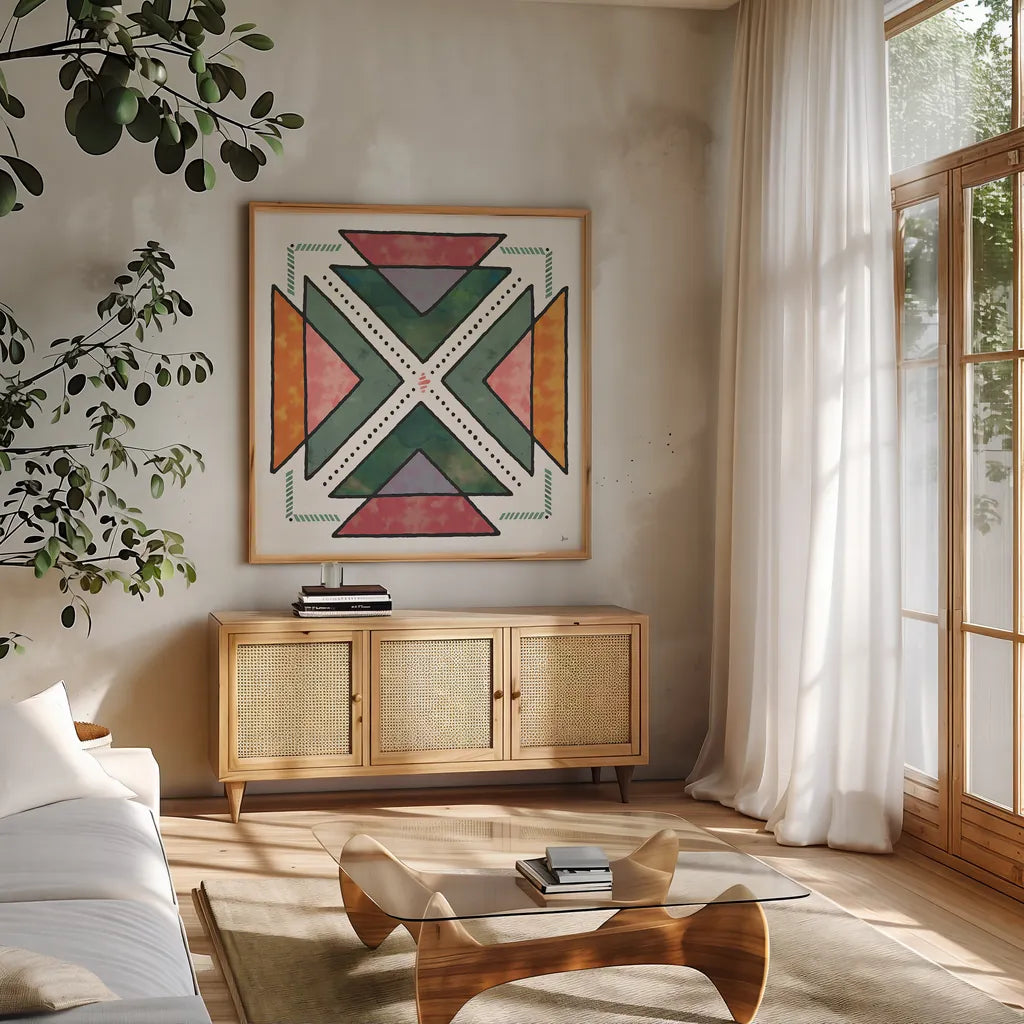 Spectrum VI by Jess Aiken. Shown in a natural wood frame in a cozy modern living room. Available as an archival giclee rolled canvas, fine art paper, or poster print. SKU 42794a.