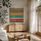Thoughtful Strokes II by Jess Aiken. Shown in a natural wood frame in a cozy modern living room. Available as an archival giclee rolled canvas, fine art paper, or poster print. SKU 31344a.