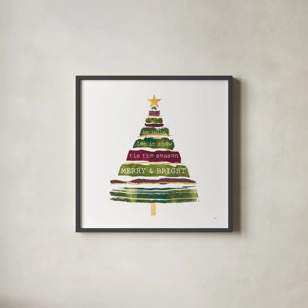 Tree Trimming I Dark by Jess Aiken. Shown in a sleek black glass frame for a contemporary gallery look. Available as an archival giclee rolled canvas, fine art paper, or poster print. SKU 65294a.