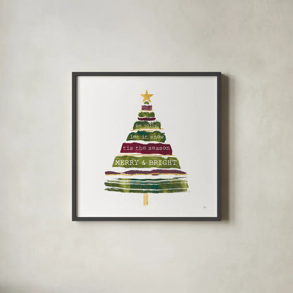 Tree Trimming I Dark by Jess Aiken. Shown in a sleek black glass frame for a contemporary gallery look. Available as an archival giclee rolled canvas, fine art paper, or poster print. SKU 65294a.