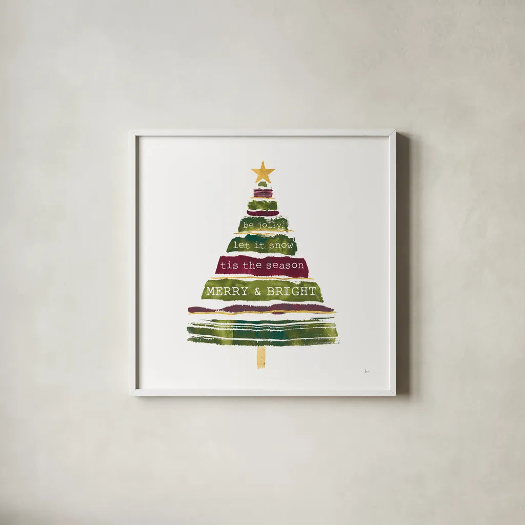 Tree Trimming I Dark by Jess Aiken. Shown in a crisp white glass frame for a clean and minimalist style. Available as an archival giclee rolled canvas, fine art paper, or poster print. SKU 65294a.