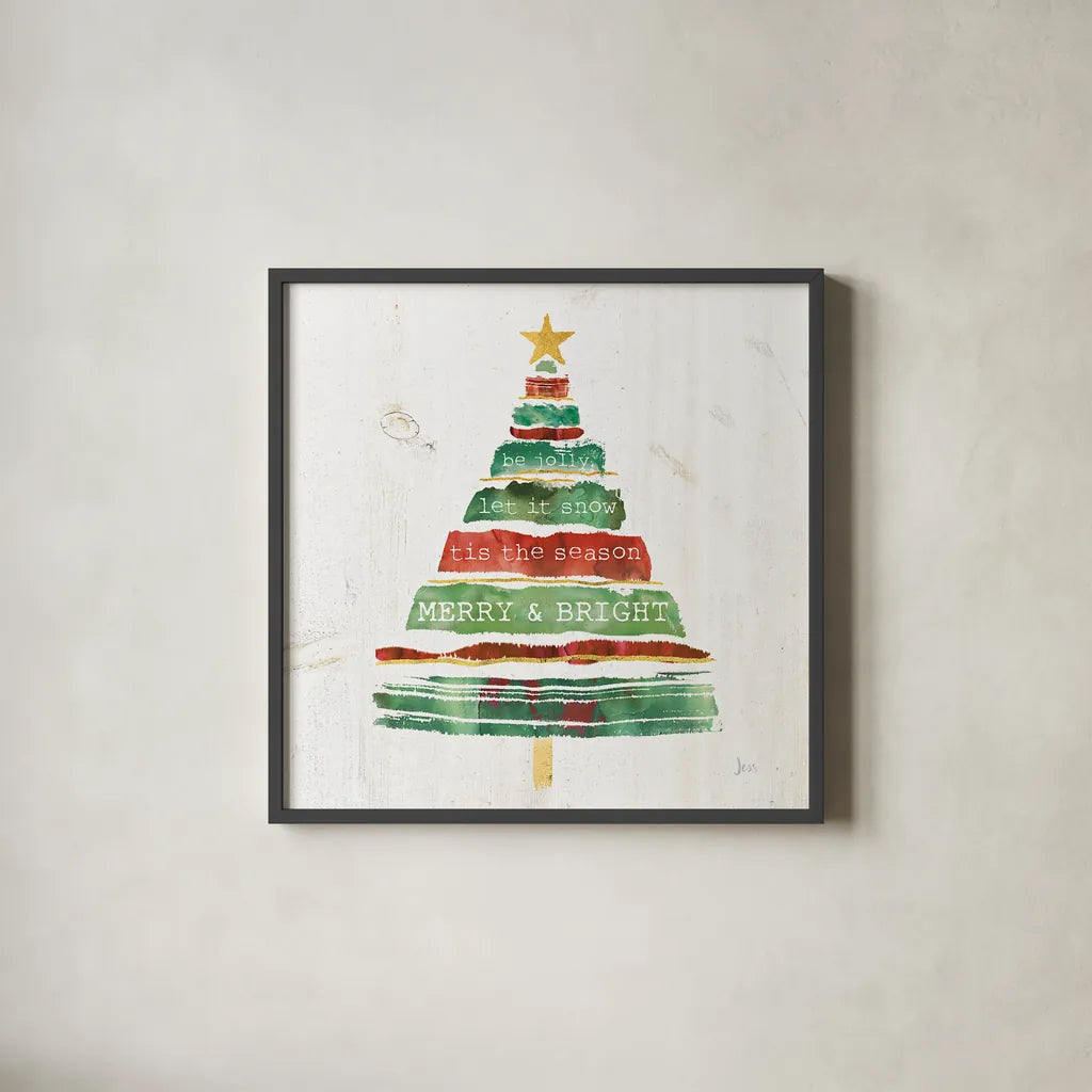 Tree Trimming I on White Wood by Jess Aiken. Shown in a sleek black glass frame for a contemporary gallery look. Available as an archival giclee rolled canvas, fine art paper, or poster print. SKU 27890a.