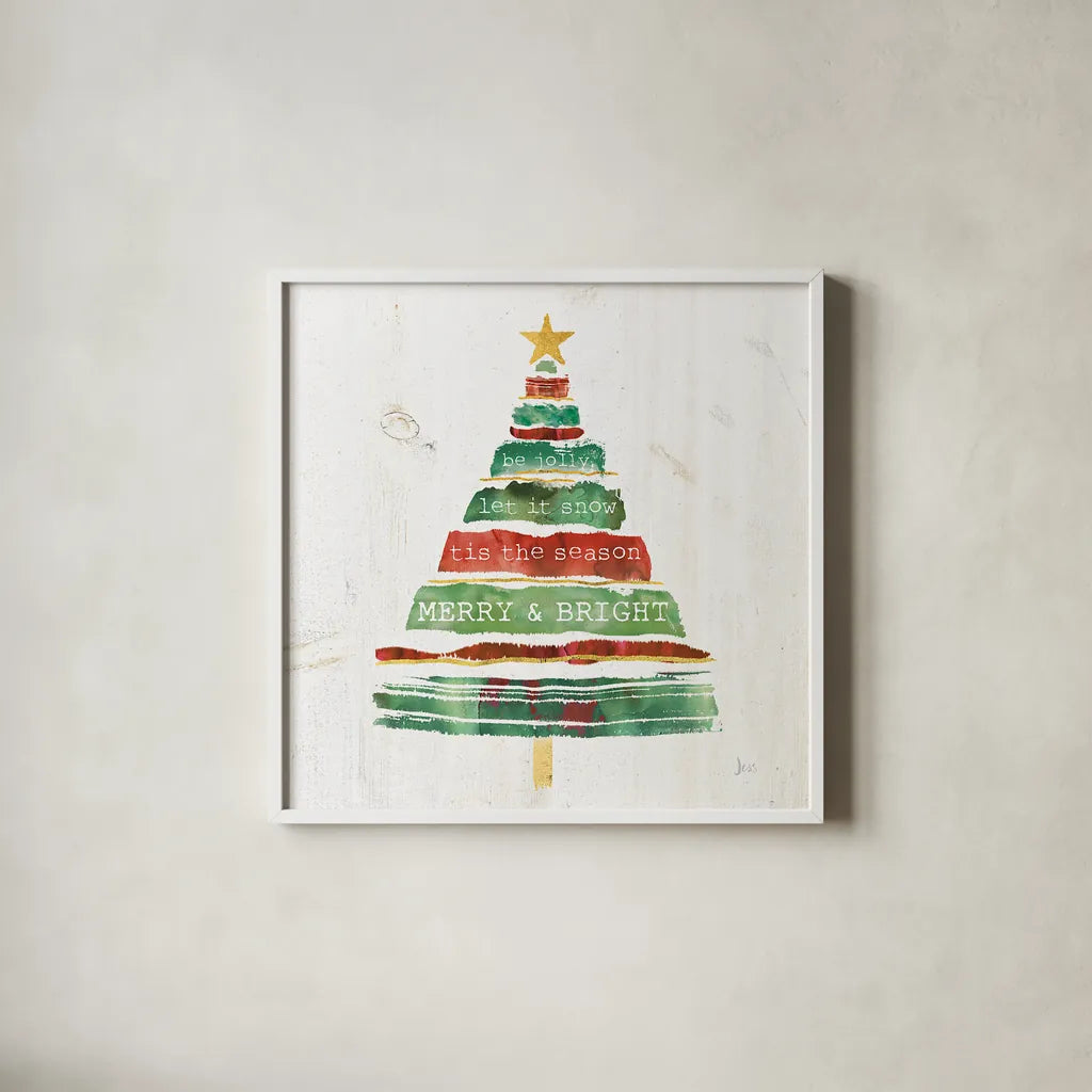 Tree Trimming I on White Wood by Jess Aiken. Shown in a crisp white glass frame for a clean and minimalist style. Available as an archival giclee rolled canvas, fine art paper, or poster print. SKU 27890a.