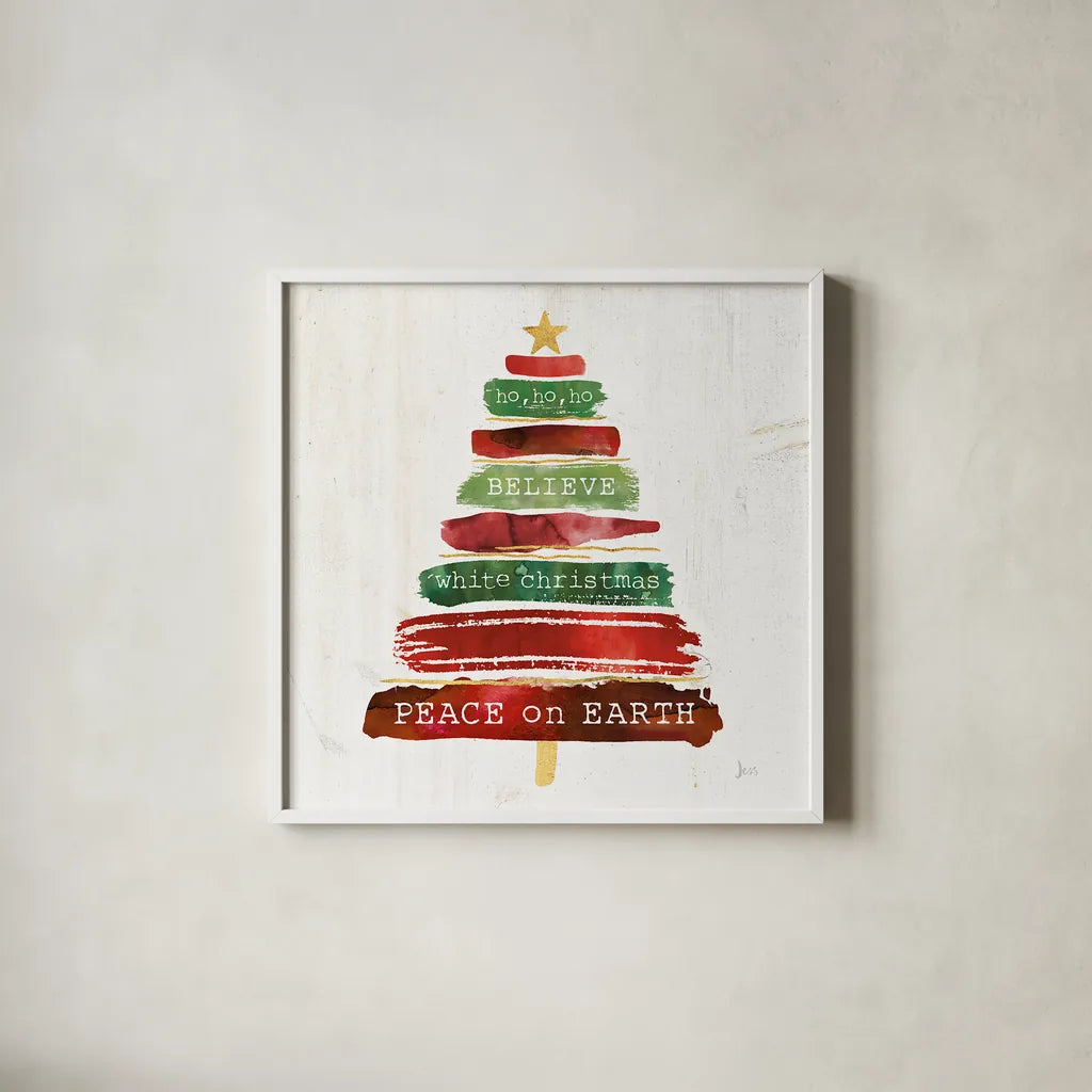 Tree Trimming IV on White Wood by Jess Aiken. Shown in a crisp white glass frame for a clean and minimalist style. Available as an archival giclee rolled canvas, fine art paper, or poster print. SKU 27891a.