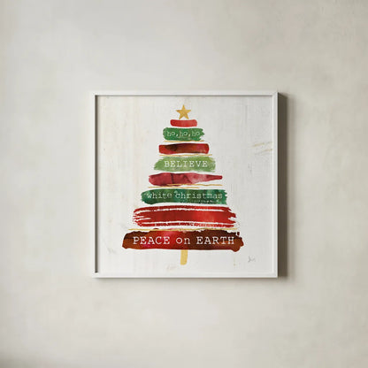 Tree Trimming IV on White Wood by Jess Aiken. Shown in a crisp white glass frame for a clean and minimalist style. Available as an archival giclee rolled canvas, fine art paper, or poster print. SKU 27891a.