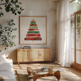 Tree Trimming IV on White Wood by Jess Aiken. Shown in a natural wood frame in a cozy modern living room. Available as an archival giclee rolled canvas, fine art paper, or poster print. SKU 27891a.