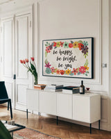 Words and Petals I by Jess Aiken. shown as a framed stretched canvas in a living room above a console. Available as a archival giclee rolled canvas, fine art paper, or poster print. SKU 28813i.