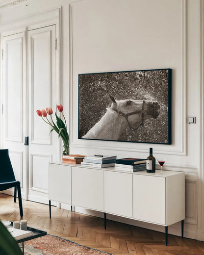 After a Shower by Jim Dratfield. shown as a framed stretched canvas in a living room above a console. Available as a archival giclee rolled canvas, fine art paper, or poster print. SKU 25476i.