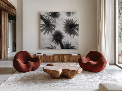 Amongst the Palms Square by Jim Dratfield. Shown as extra-large giant wall art in a modern living room. Available as an archival giclee rolled canvas, fine art paper, or poster print. SKU 30220a.