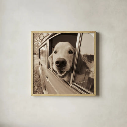 Are We There Yet by Jim Dratfield. Shown in a natural wood glass frame for a timeless modern aesthetic. Available as an archival giclee rolled canvas, fine art paper, or poster print. SKU 9287a.