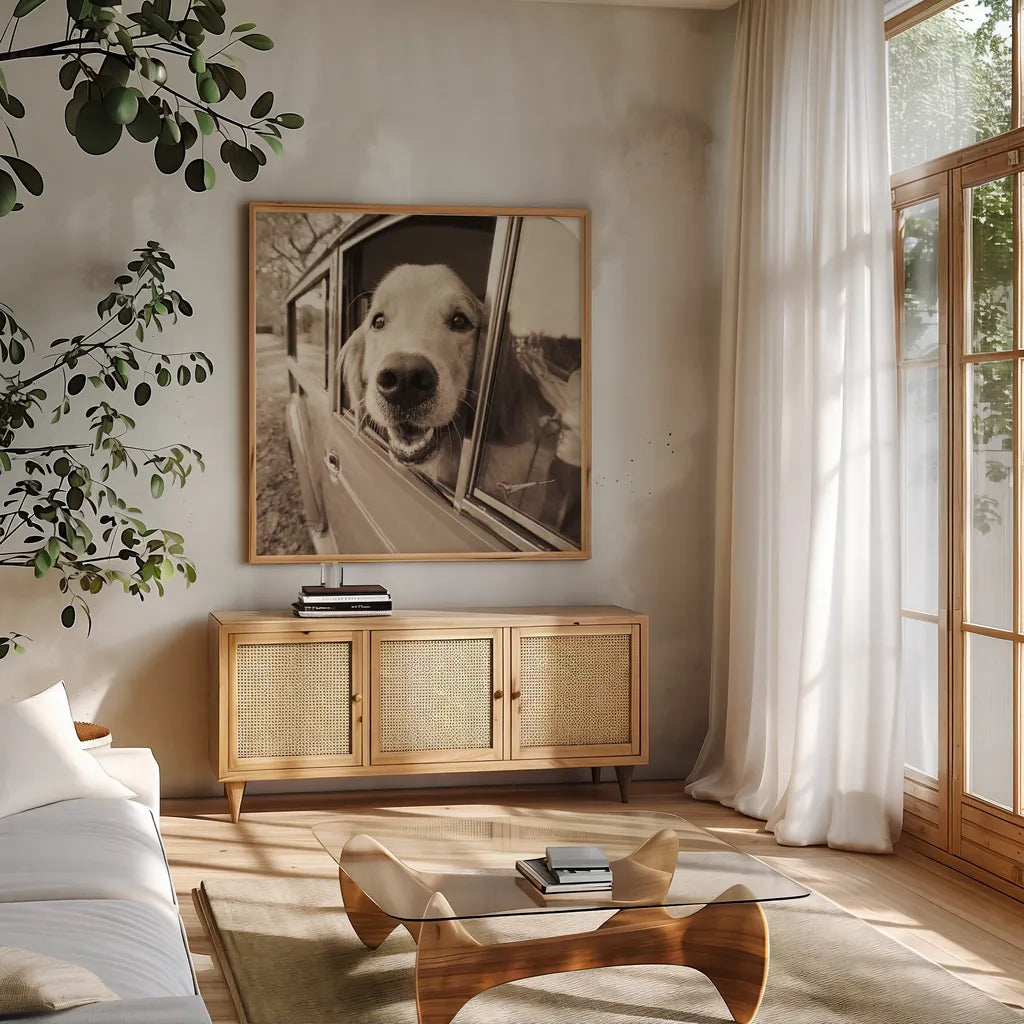 Are We There Yet by Jim Dratfield. Shown in a natural wood frame in a cozy modern living room. Available as an archival giclee rolled canvas, fine art paper, or poster print. SKU 9287a.