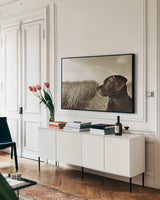 At the Beach by Jim Dratfield. shown as a framed stretched canvas in a living room above a console. Available as a archival giclee rolled canvas, fine art paper, or poster print. SKU 25490i.