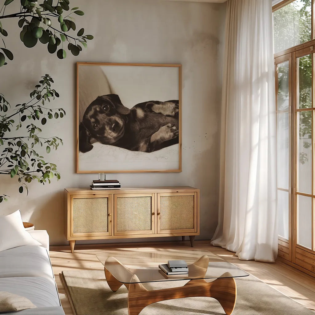 Dachshund Diva Crop by Jim Dratfield. Shown in a natural wood frame in a cozy modern living room. Available as an archival giclee rolled canvas, fine art paper, or poster print. SKU 2638a.