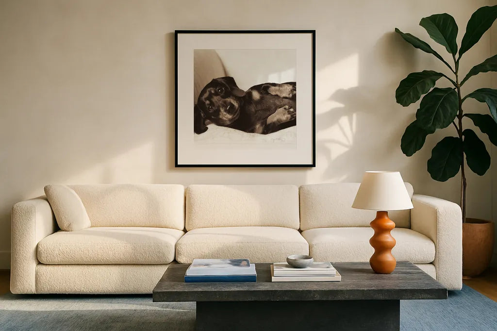 Dachshund Diva Crop by Jim Dratfield. Displayed in a glass frame with matte in a clean modern living room. Available as an archival giclee rolled canvas, fine art paper, or poster print. SKU 2638a.