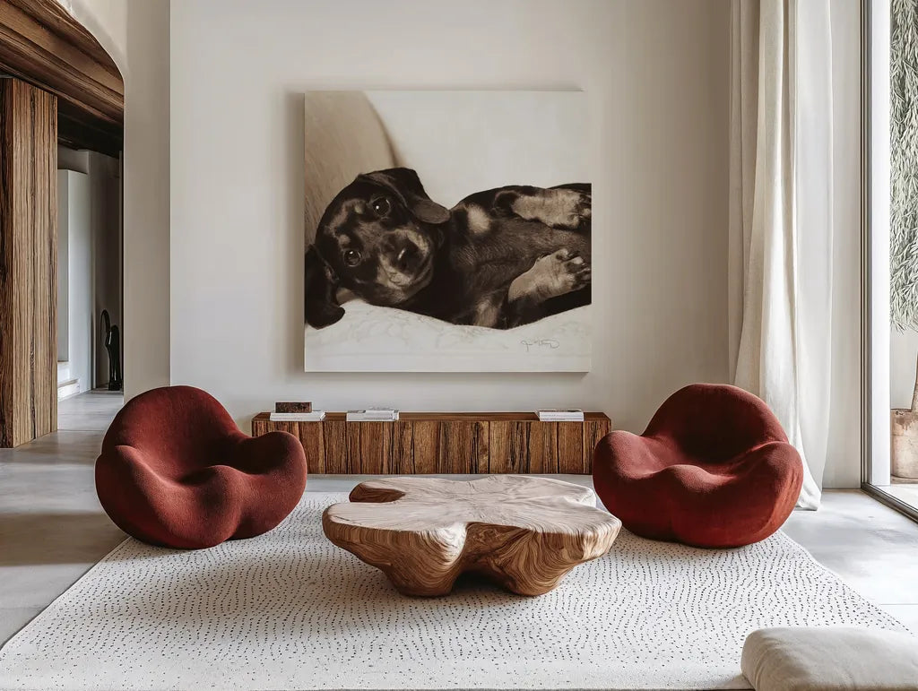Dachshund Diva Crop by Jim Dratfield. Shown as extra-large giant wall art in a modern living room. Available as an archival giclee rolled canvas, fine art paper, or poster print. SKU 2638a.