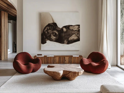 Dachshund Diva Crop by Jim Dratfield. Shown as extra-large giant wall art in a modern living room. Available as an archival giclee rolled canvas, fine art paper, or poster print. SKU 2638a.