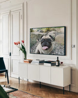 Four Eyes by Jim Dratfield. shown as a framed stretched canvas in a living room above a console. Available as a archival giclee rolled canvas, fine art paper, or poster print. SKU 41093i.