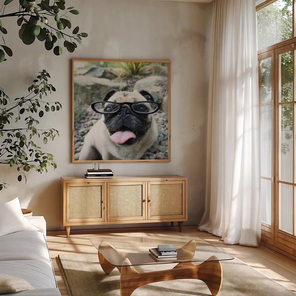 Four Eyes Crop by Jim Dratfield. Shown in a natural wood frame in a cozy modern living room. Available as an archival giclee rolled canvas, fine art paper, or poster print. SKU 41093a.