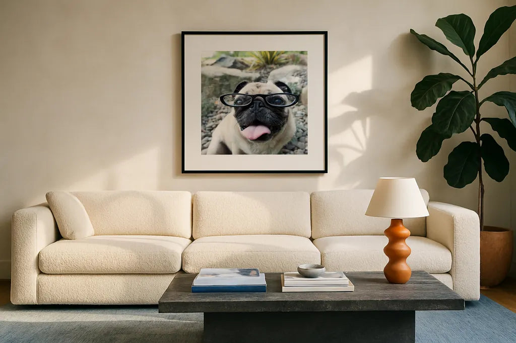 Four Eyes Crop by Jim Dratfield. Displayed in a glass frame with matte in a clean modern living room. Available as an archival giclee rolled canvas, fine art paper, or poster print. SKU 41093a.