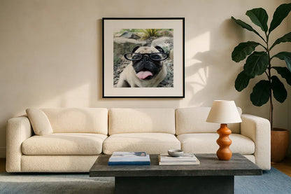 Four Eyes Crop by Jim Dratfield. Displayed in a glass frame with matte in a clean modern living room. Available as an archival giclee rolled canvas, fine art paper, or poster print. SKU 41093a.