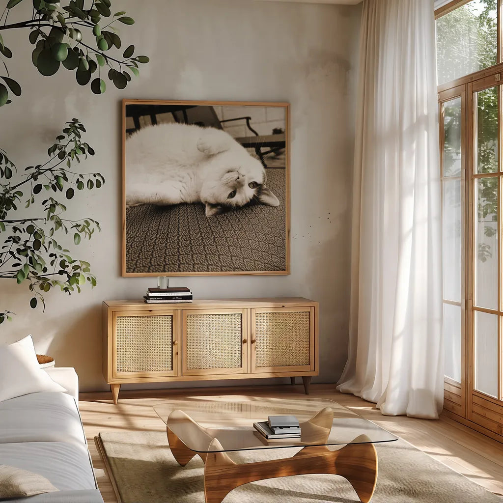 Kitty II Crop by Jim Dratfield. Shown in a natural wood frame in a cozy modern living room. Available as an archival giclee rolled canvas, fine art paper, or poster print. SKU 19692a.