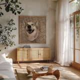 Smile and The World Smiles with You Crop by Jim Dratfield. Shown in a natural wood frame in a cozy modern living room. Available as an archival giclee rolled canvas, fine art paper, or poster print. SKU 9295a.