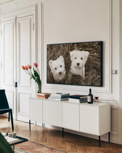 Such Cuties by Jim Dratfield. shown as a framed stretched canvas in a living room above a console. Available as a archival giclee rolled canvas, fine art paper, or poster print. SKU 25483i.