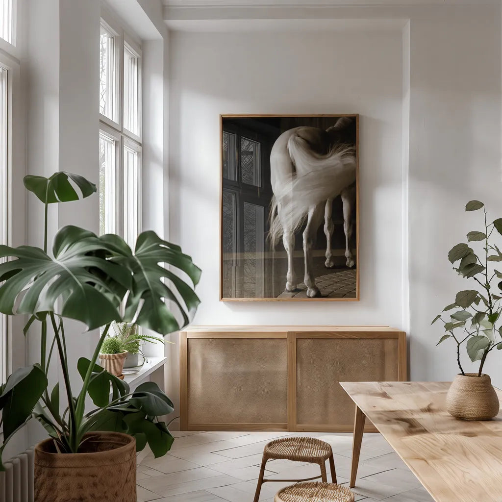 Swoosh by Jim Dratfield. shown as a print in a natural wood frame in a dining room. Available as a archival giclee rolled canvas, fine art paper, or poster print. SKU 25473h.