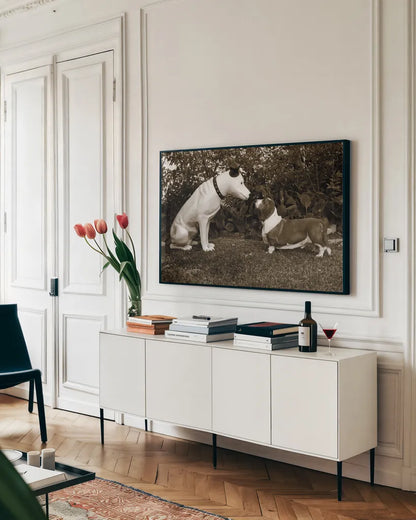 Want to Play by Jim Dratfield. shown as a framed stretched canvas in a living room above a console. Available as a archival giclee rolled canvas, fine art paper, or poster print. SKU 25491i.