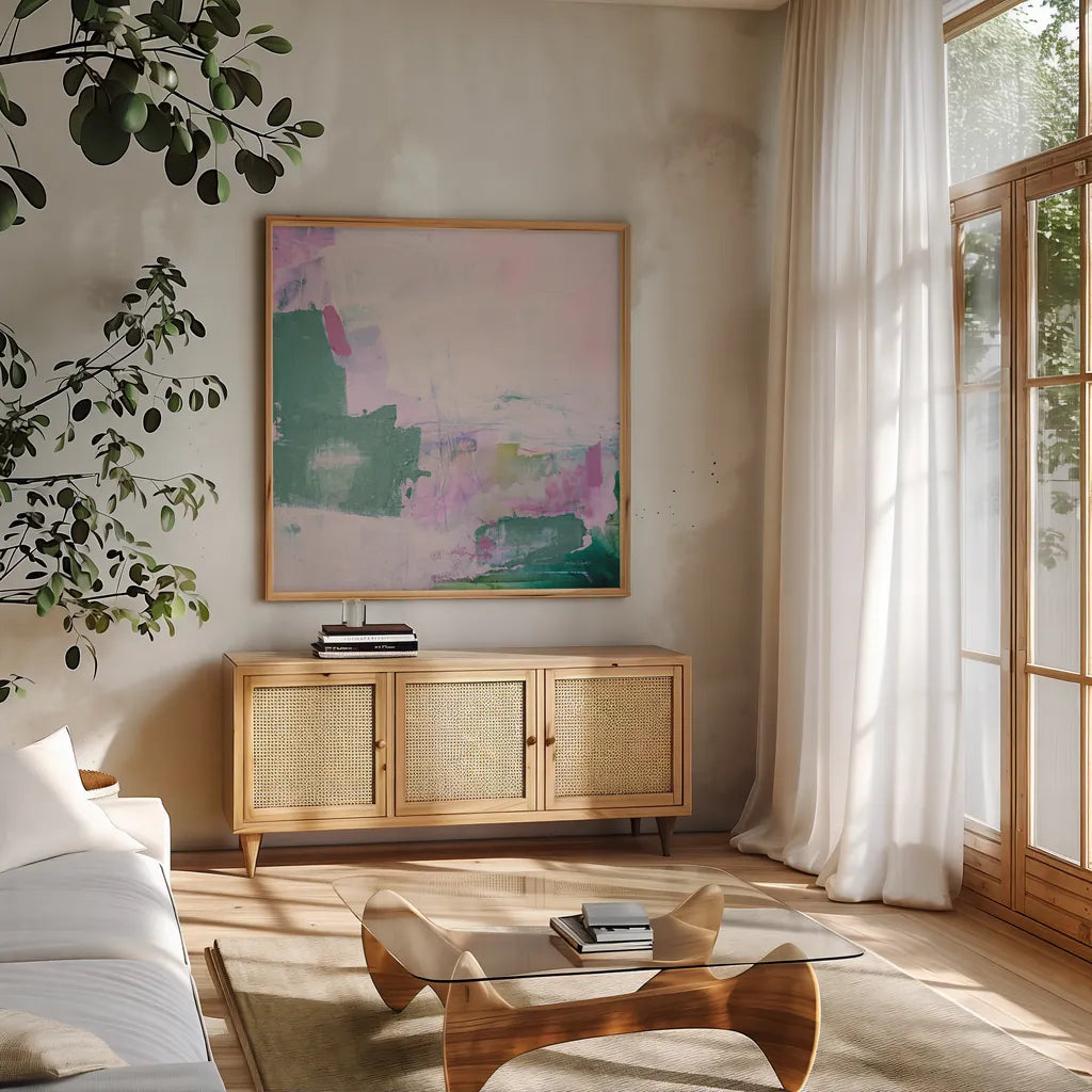 A Place I Dreamed Of by Jocelyn Elizabeth. Shown in a natural wood frame in a cozy modern living room. Available as an archival giclee rolled canvas, fine art paper, or poster print. SKU 100333a.