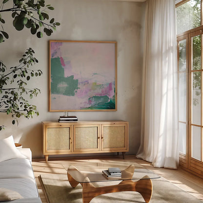 A Place I Dreamed Of by Jocelyn Elizabeth. Shown in a natural wood frame in a cozy modern living room. Available as an archival giclee rolled canvas, fine art paper, or poster print. SKU 100333a.